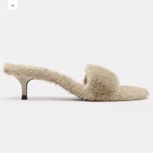 Elegant Zara Beige Faux Fur Heeled Mules